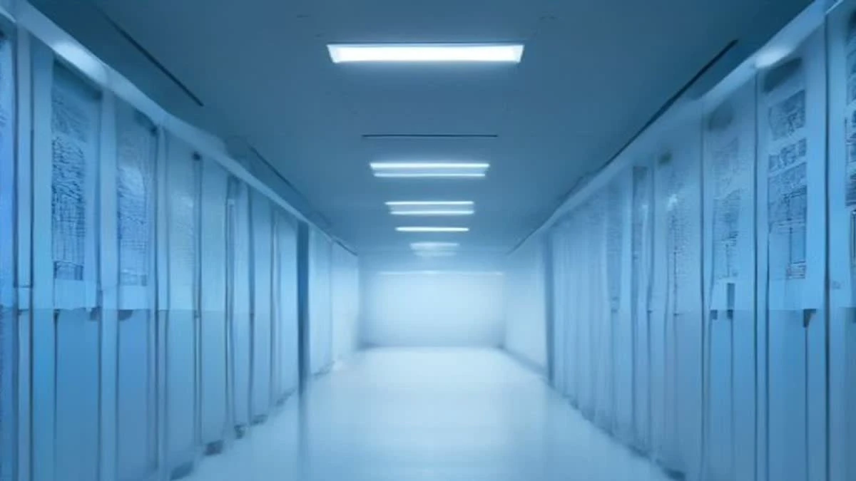A modern data centre aisle with white server racks and small blue indicator lights